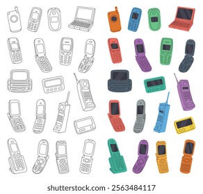 Retro phones in vertical banner. Mobile phone from the 90s. Retro electronic devices. Mobile with buttons, phone with keypad, flip mobile, beeper.