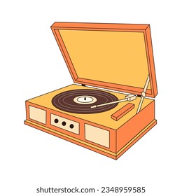 Retro phonograph icon. Vintage Record player with vinyl disc. Portable turntable. Audio Equipment for Music Listening 60s, 70s. 