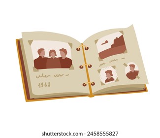 Retro photo album with monochrome photos of people and places flat cartoon vector illustration isolated on white.