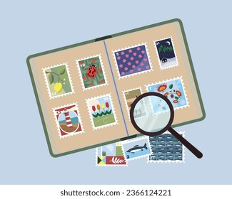 Retro photo album with stamps vector illustration. Joy of collecting and organizing objects, colorful pictures under magnifier. Collectible enthusiasm, leisure, hobby concept