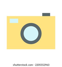 Retro photo camera in cartoon flat style. Vector illustration of vintage photograph equipment. Nostalgia for 1980 1990 .