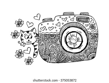 Retro photo camera with cute cat. Sketchy style.