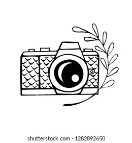 Retro photo camera with decorative twig. Vector illustration. 