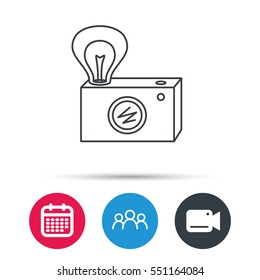 Retro photo camera icon. Photographer equipment sign. Camera with lamp flash. Group of people, video cam and calendar icons. Vector