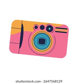 Retro photo camera. Old vector icon of analog photography device with lens and mechanical body, shutter. Nostalgic image capture and photographic gear or accessory, item. Memory moment on film.