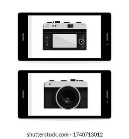 Retro Photo Camera on Mobile Phone Screen Isolated - Vector