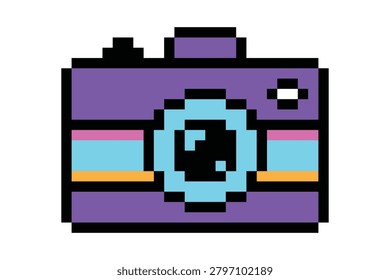 Retro photo camera pixel art vector icon. Cute y2k illustration. 8-bit video game retro element.