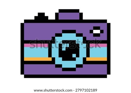 Retro photo camera pixel art vector icon. Cute y2k illustration. 8-bit video game retro element.