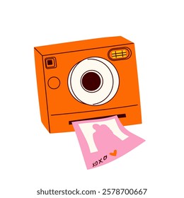 Retro photo camera with polaroid photo frame Pink sticker. Vintage camera. Childish print for cards, stickers, party invitations and decoration Romantic doodle vector icon for decorating gift presents