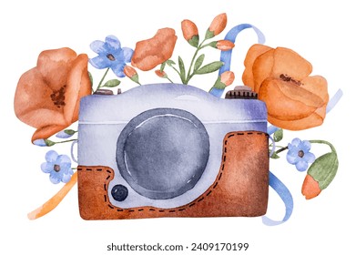 Retro photo camera with poppy flowers watercolor painting for postcard design. Vintage photographer lens with traditional floral ornament