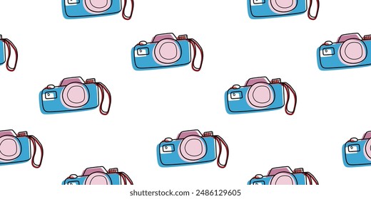 Retro Photo Camera Seamless pattern. Vector Outline Illustration With color Blotches Isolated on White background. Linear Template, Background for Textile, Fabric, Wallpaper, Wrapping Paper.