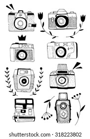 Retro photo camera set in vector on a white background