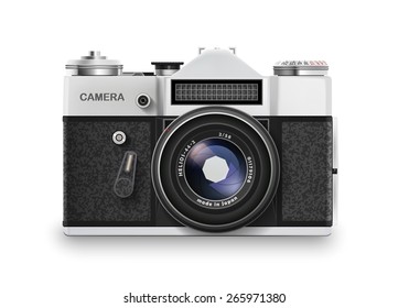 Retro photo camera with shadow isolated on white. Vector illustration