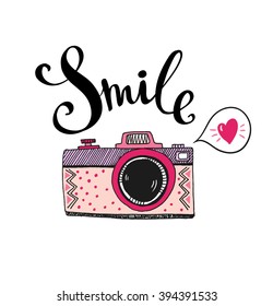 Retro photo camera with stylish lettering - Smile. Vector hand drawn illustration. Print for your design.
