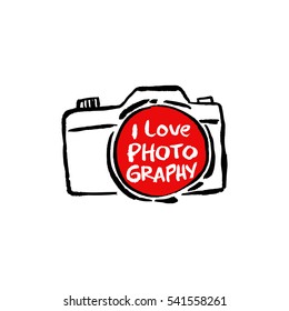 Retro photo camera with stylish lettering - I Love photography-  Hand drawn illustration. Print for your t-shirt design