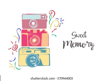 Retro photo camera with stylish lettering -sweet memory. Vector hand drawn illustration. Print for your design.
