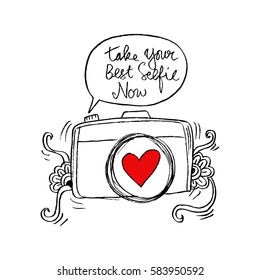 Retro photo camera with stylish lettering - Take your best selfie now-  Hand drawn illustration. Print for your t-shirt design.