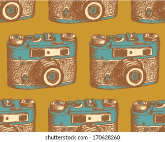 Retro photo camera, vintage seamless pattern