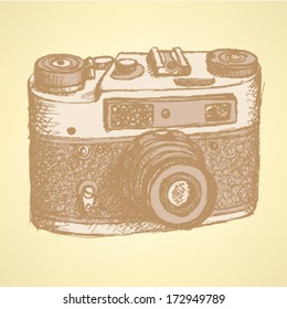 Retro photo camera, vintage sketch background
