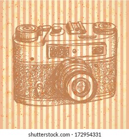 Retro photo camera, vintage sketch background