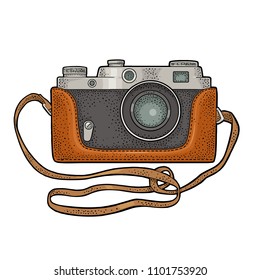 Retro photo camera. Vintage vector color engraving illustration for poster, web. Isolated on white background. Hand drawn design element