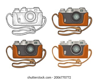 Retro photo camera. Vintage vector color flat and engraving illustration for poster, web. Isolated on white background. Hand drawn design element