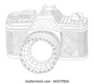 Retro photo camera. Zentangle stylized. Vintage camera. Freehand pencil. Hand drawn. Vector illustration. Pattern.
