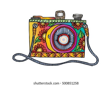 Retro photo camera. Zentangle stylized.