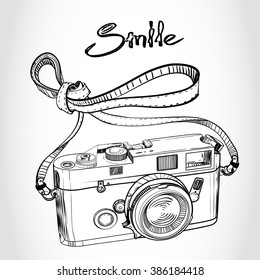 retro photo camera,hipster, Illustration of grunge, black and white,handmade