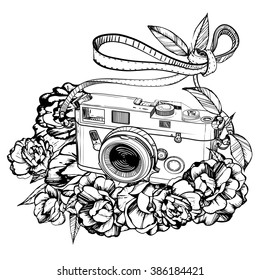 retro photo camera,hipster, Illustration of grunge,handmade, black and white,decorated with camellia