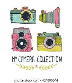 Retro photo cameras set. Vector illustration. Vintage cameras with ornaments. Hipster vector print for t-shirt, poster or card.