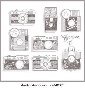  Retro photo cameras set  Vector illustration  Vintage cameras and flowers  Camera and floral pattern 