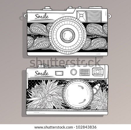 Retro photo cameras set. Vector illustration. Vintage cameras with flowers. Camera with  abstract floral pattern.