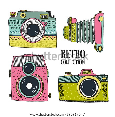 Retro photo cameras set. Vector illustration. Vintage cameras with ornaments. Hipster vector set.