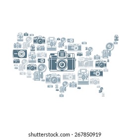 Retro photo cameras in USA shape vector illustration