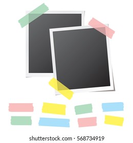 Retro photo cards fixed on white background and collection of colorful sticky tape pieces. Paper frame template with blank space for your image. Detailed vector eps10 illustration with transparency.