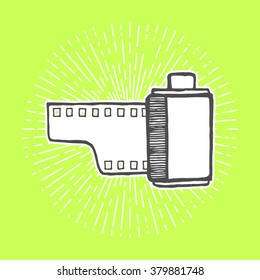 Retro photo film cartridge sketch, black and white. Vector illustration for a poster, flyer, website icon, photo album. Vintage style, hand drawn pen and ink 