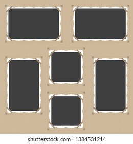 Retro Photo Frame Empty Template Set with Figured Edges on Piece of Sticky in Album. Vector illustration