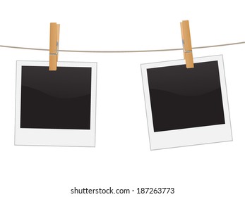 Retro Photo Frame Hanging On A Rope Held By Clothespins, Isolated On White Background,