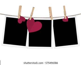 Retro photo frame and hearts on a rope with pegs.