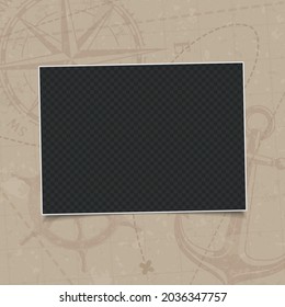 Retro photo frame isolated on vintage background old navigation map with wind rose, the steering wheel and anchor. Photos (frames) for your picture. Realistic design framework. Vector illustration.