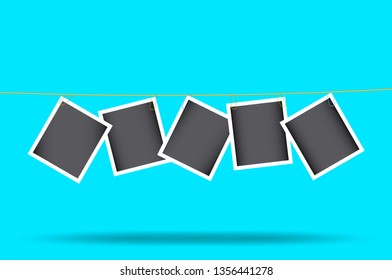 Retro photo frames hang attached paperclip on a rope. Banner. Template. Vector illustration isolated on light background.