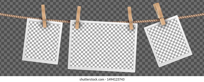 Fotomarcos retro colgados en una cuerda aislados en fondo transparente, plantillas de marcos para fotos digitales conjunto vectorial