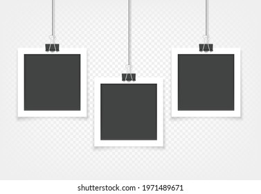 Retro photo frames hanging on a wall. Vector mockup