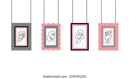 Fotografías retro sobre fondo aislado. Un conjunto de fotos de diferentes colores. Plantilla de marco fotográfico para libro de recortes de nostalgia. Ilustración vectorial. Retrato enmarcado, mujer, niña, arte de línea.