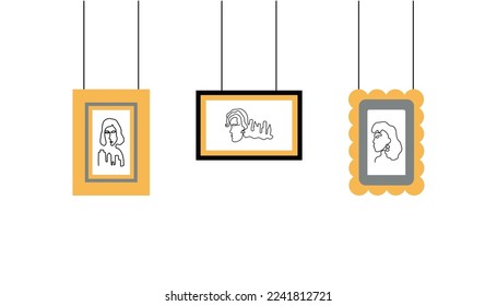 Fotografías retro sobre fondo aislado. Un conjunto de fotos de diferentes colores. Plantilla de marco fotográfico para libro de recortes de nostalgia. Ilustración vectorial. Retrato enmarcado, mujer, niña, arte de línea.