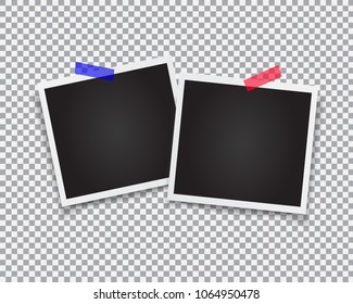 Retro photo frames. Realistic vector object with adhesive tape. Template photo design on a transparent background.