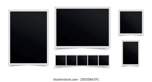 Retro photo frames set in different shapes isolated on white background. Blank instant photo with shadows. Vector illustration