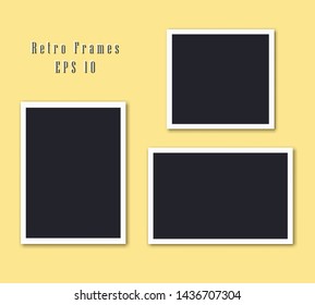 Retro photo frames set isolated on yellow background. Collection of picture borders with shadows. Vector illustration in simple vintage style.