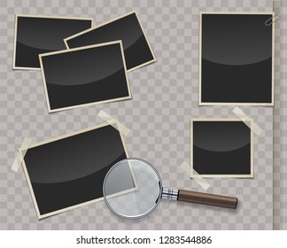 Retro photo frames with transparent shadows and  loupe